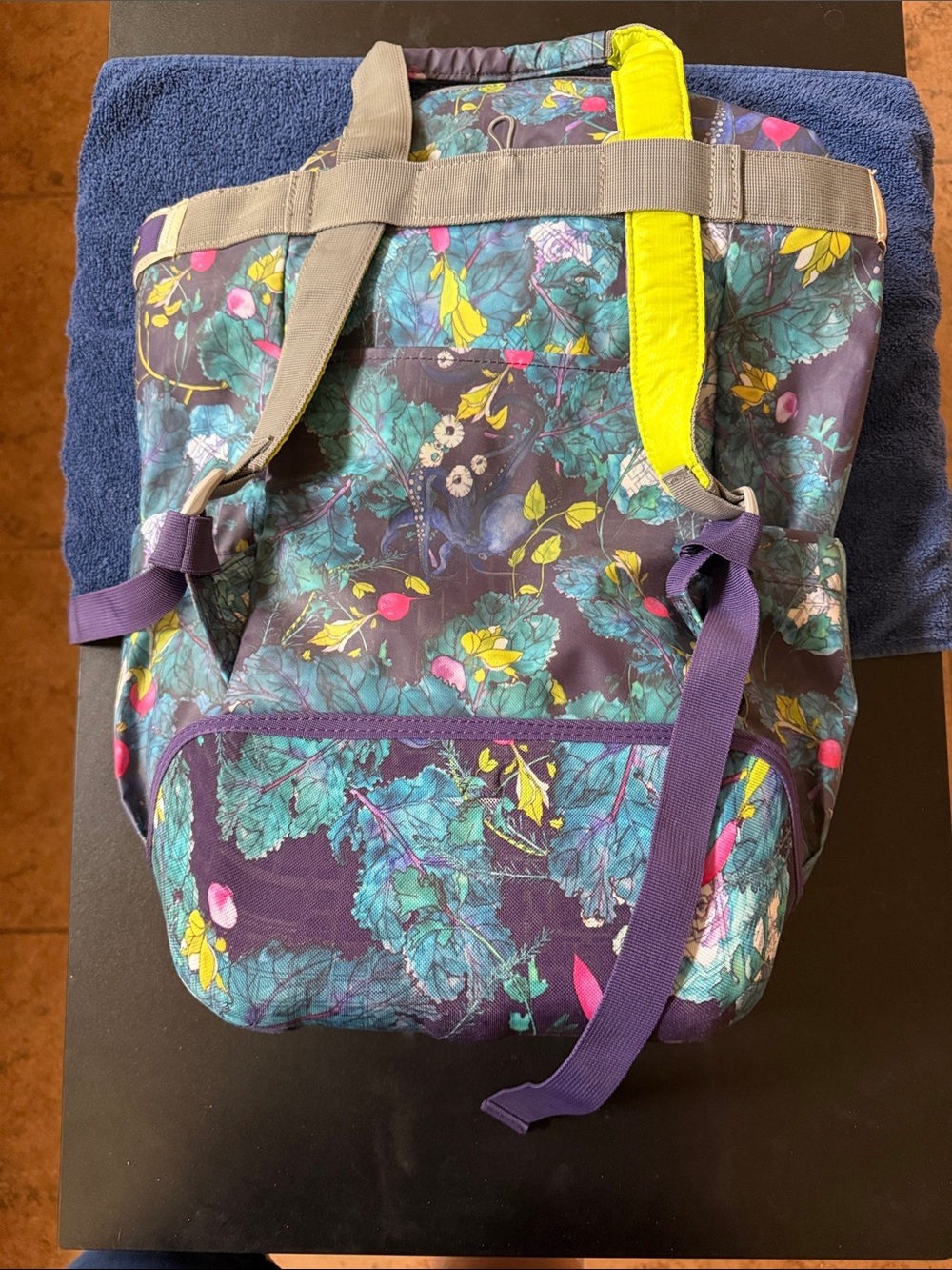 Floral Purple Women's Backpack with Teal and Yellow Accents